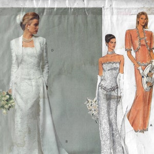 May include: A vintage sewing pattern for a bridal gown with a lace bodice and a long skirt. The pattern includes a separate jacket and a matching skirt. The pattern is for sizes 12-16.