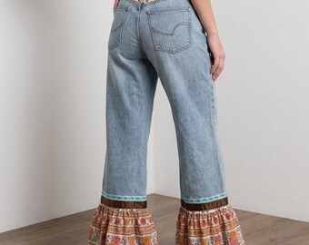Reimagined Denim Jeans with Gathered Fabric Panels • Reworked Boho Denim • Unique Patchwork Details