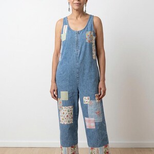 Jelly Patch Denim "Grandma’s Garden" Upcycled Bib ‘n Brace Pinafore Size 14