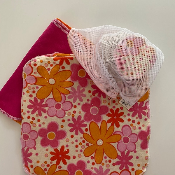 Make up wipes, face washers, flannel wipes & mesh wash bag eco friendly bright retro print flannel and toweling re-usable