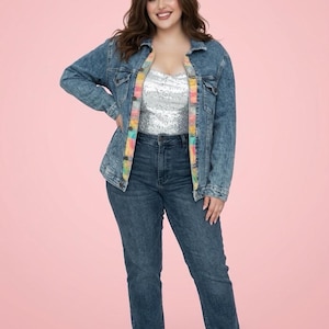 Jelly Patch Denim Upcycled Jacket Size Large - Patchwork Tropical Batik fabric