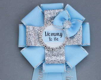 Blue Mommy to Be Pin, Mommy to Be Corsage, Blue Baby Shower Pin, Blue and Silver Baby Shower Corsage, Baby Boy Shower, Boy Baby Shower Pin