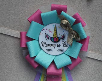 Unicorn Baby Shower Corsage, Unicorn Mommy to Be Corsage, Unicorn Baby Shower Pin, Mommy to Be Pin, Mommy to Be Ribbon Corsage Unicorn Party