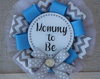 Blue and Gray Mommy to Be Corsage, Blue and Gray Mommy to Be Pin, Blue and Gray Baby Shower Pin, Ribbon Corsage, Baby Boy Shower Corsage