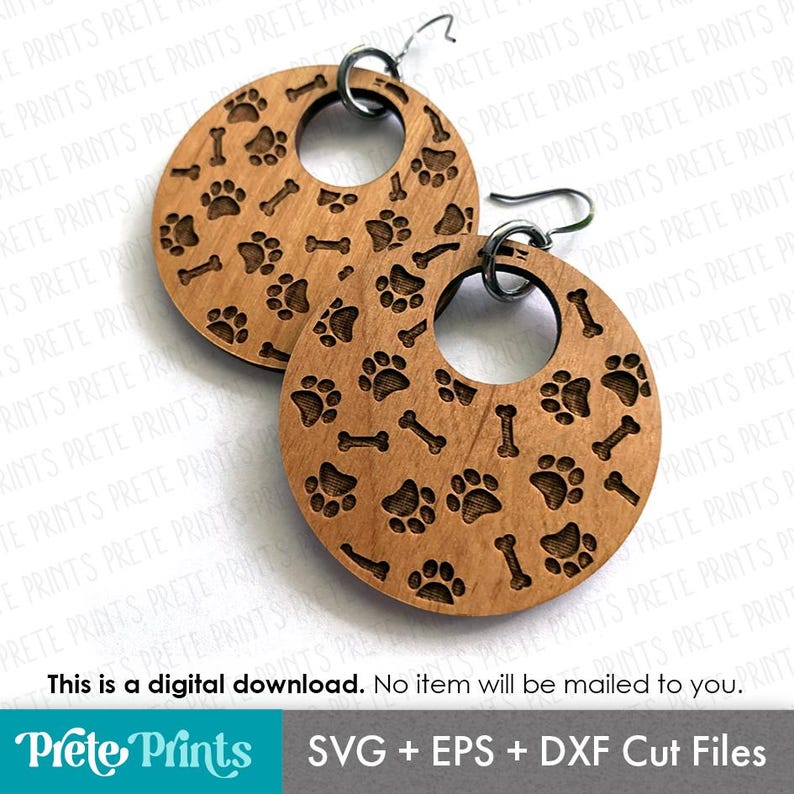 Dog Pattern Wood Earrings SVG Bundle - Digital Download, Glowforge Earring SVG, Laser Cut Earring Files, Earring SVG File, Paw Print Earring image 4