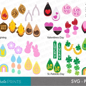 May include: A set of 10 different earring designs for various holidays. The designs include Thanksgiving, Valentine's Day, Easter, St. Patrick's Day, and more. The earrings are made of various colors and materials, including wood, metal, and plastic.