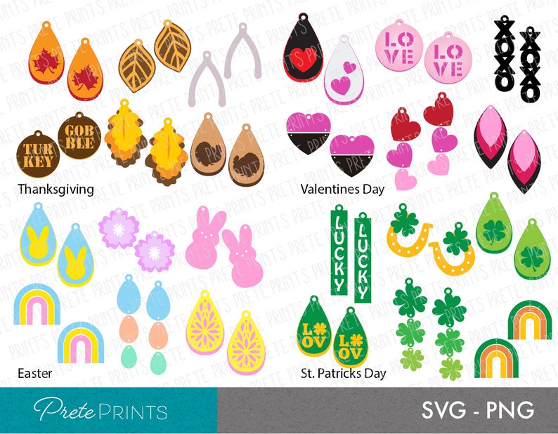 May include: A set of 10 different earring designs for various holidays. The designs include Thanksgiving, Valentine's Day, Easter, St. Patrick's Day, and more. The earrings are made of various colors and materials, including wood, metal, and plastic.