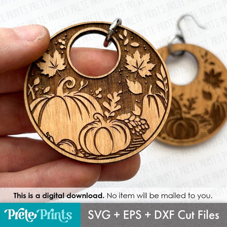 May include: Wooden earrings with a circular design featuring carved pumpkins, leaves, and a central hole. The earrings are light brown and have a detailed autumn theme. The text "This is a digital download. No item will be mailed to you." is visible.