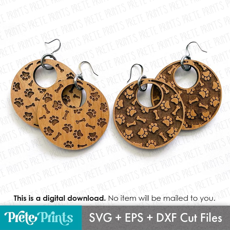 Dog Pattern Wood Earrings SVG Bundle - Digital Download, Glowforge Earring SVG, Laser Cut Earring Files, Earring SVG File, Paw Print Earring image 1