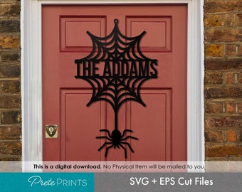 Nazwa rodziny Pajęczyna Tabliczka na Drzwi - Halloween Sign SVG, Witamy Tabliczka SVG, Glowforge Laser Cut SVG, Glowforge Halloween, Niestandardowa nazwa rodziny