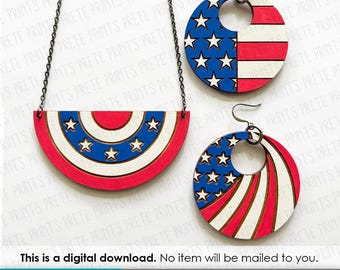 4 juli oorbellen + ketting SVG - digitale download, Glowforge Earring SVG, Laser Cut Earring Files, Earring SVG-bestand, Amerikaanse vlag svg
