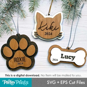 Pacote SVG de enfeites para animais de estimação - SVG de enfeites de Natal para animais de estimação, arquivos de corte de enfeites de Natal para cães e gatos personalizados, Glowforge SVG, Glowforge Christmas