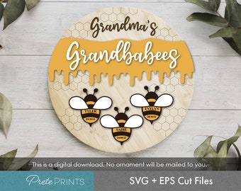 Segno in formato SVG di Grandbabees - Segno in formato SVG della festa della mamma, Regalo per la nonna, Segno dell'ape in formato SVG, File in formato SVG della famiglia dell'alveare delle api, il nostro file di taglio laser dell'alveare, Casa della nonna