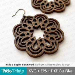 May include: Two wooden earrings with a floral design. The earrings are a dark brown color and have a cutout pattern. The earrings are shown on a white background. The image also includes the text "This is a digital download. No item will be mailed to you."