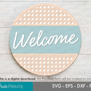Signe de bienvenue en rotin - Signe rond en bois SVG, Signe circulaire découpé au laser, Glowforge SVG, Glowforge Laser Cut, Motif en bois de rotin