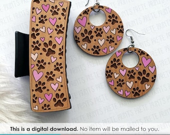 Pacote de arquivos SVG Patas e Corações - Presilha de cabelo com estampa de pata, brincos de amor por animais de estimação, download digital