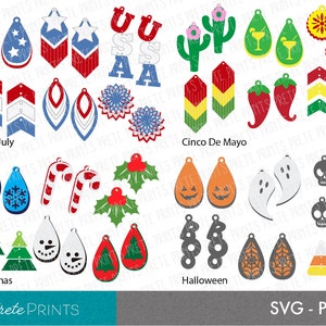 May include: A set of 10 different themed earring designs, each with 2-3 earring options. The themes include 4th of July, Cinco De Mayo, Christmas, Halloween, and more. The earrings are all cut out of colorful paper and are ready to be used for crafting projects.