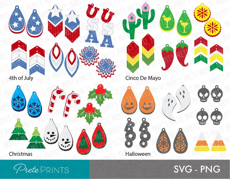 May include: A set of 10 different themed earring designs, each with 2-3 earring options. The themes include 4th of July, Cinco De Mayo, Christmas, Halloween, and more. The earrings are all cut out of colorful paper and are ready to be used for crafting projects.