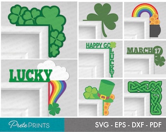 May include: A set of ten digital cut files for crafting. The files include a shamrock corner, a rainbow with a pot of gold, a shamrock with the text "Happy Go Lucky", a shamrock with the text "March 17", a shamrock with the text "Lucky", a shamrock with a rainbow, a shamrock with a leprechaun hat, and a shamrock knot.