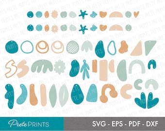 May include: A collection of abstract earring designs in various shapes and colors, including teal, beige, and peach. The image features a variety of geometric and organic forms, such as circles, teardrops, and floral shapes. The designs are suitable for SVG, EPS, PDF, and DXF formats.