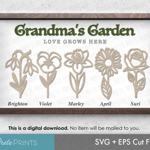 Oma's tuin Laser gesneden bestand - digitale download, naam bloem SVG, lasergesneden bloem, bloem geboorte maand SVG, Moederdag tuin bestand SVG