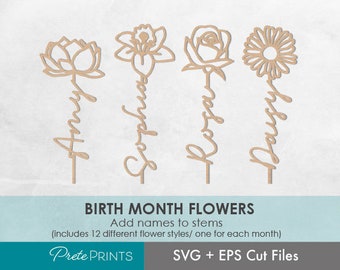Birth Month Flower Cut File - Flower Silhouette Cut File, Digital Download, Name flower svg, Laser cut Flower svg, Mothers day svg