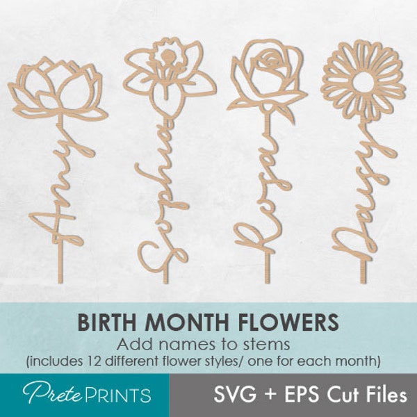 Birth Month Flower Cut File - Flower Silhouette Cut File, Digital Download, Name flower svg, Laser cut Flower svg, Mothers day svg