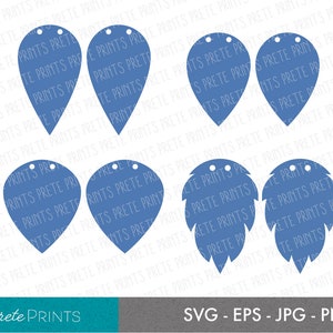 May include: Six earring designs in blue, including teardrop and leaf shapes. The designs are for crafting and are available in SVG, EPS, JPG, and PNG formats.