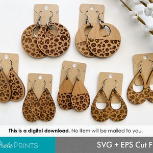 May include: Set of six wooden earrings with a leopard print design. The earrings are available in two styles: a round hoop and a teardrop shape. The earrings are a digital download and are not physically mailed.