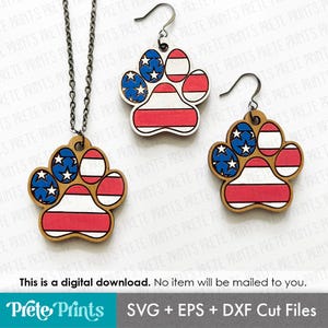 4 juli pootafdruk oorbellen + ketting SVG - digitale download, Glowforge Earring SVG, lasergesneden oorbellen, Pet Paw SVG, Amerikaanse vlag svg