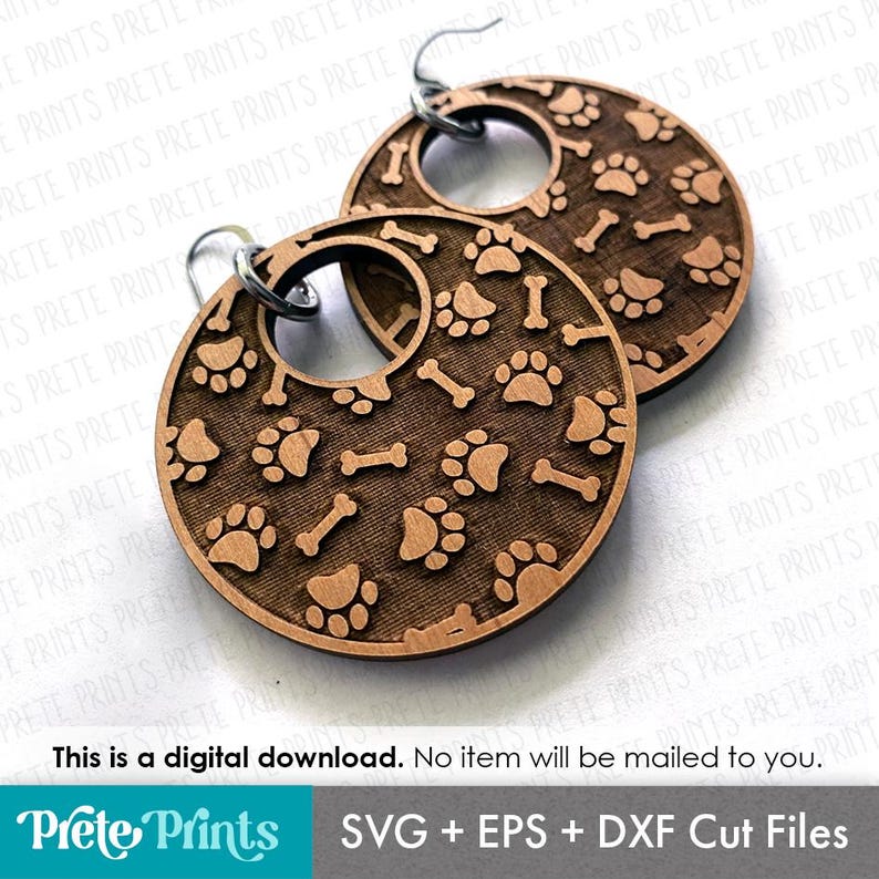 Dog Pattern Wood Earrings SVG Bundle - Digital Download, Glowforge Earring SVG, Laser Cut Earring Files, Earring SVG File, Paw Print Earring image 5