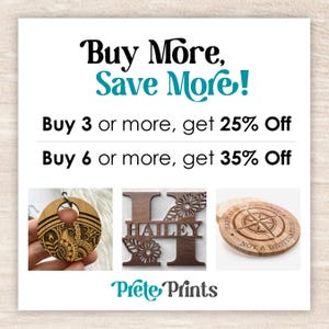 May include: Promotional image with text "Buy More, Save More!" and product examples. Includes a wooden earring, a wooden letter "H" with the name "Hailey", and a wooden coaster with a compass design. Offers discounts for bulk purchases.