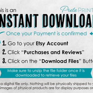 Może przedstawiać: Grafika w kolorze turkusowym i białym z tekstem "INSTANT DOWNLOAD" w czarnych, pogrubionych literach. Pod tytułem znajduje się tekst "Once your Payment is confirmed" napisany czarnym kolorem. Poniżej tekstu znajduje się numerowana lista instrukcji dotyczących pobierania plik&oacute;w cyfrowych.