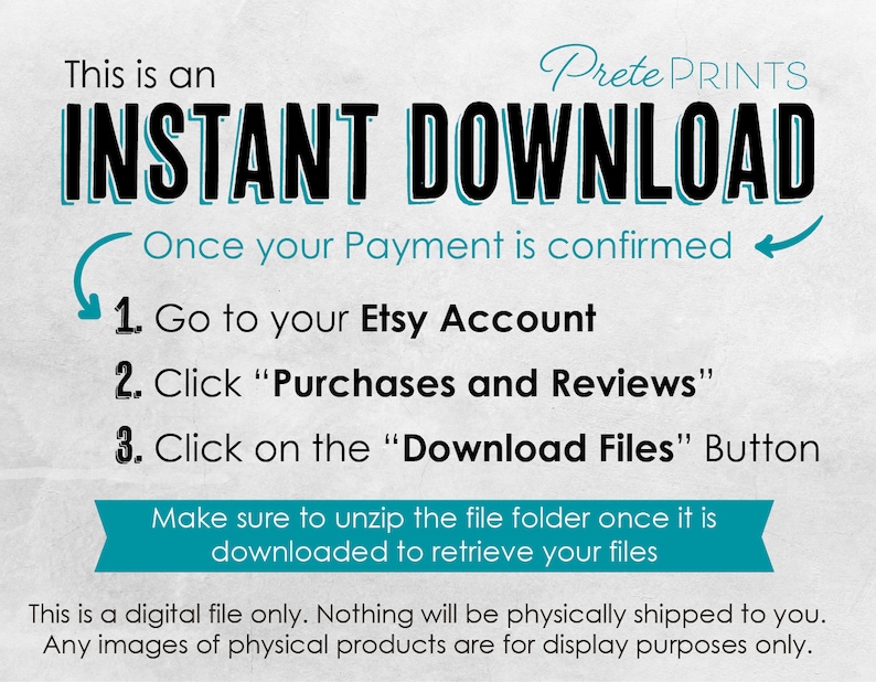 Może przedstawiać: Grafika w kolorze turkusowym i białym z tekstem "INSTANT DOWNLOAD" w czarnych, pogrubionych literach. Pod tytułem znajduje się tekst "Once your Payment is confirmed" napisany czarnym kolorem. Poniżej tekstu znajduje się numerowana lista instrukcji dotyczących pobierania plik&oacute;w cyfrowych.