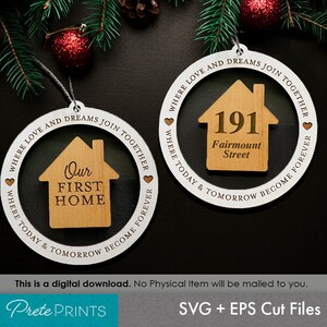 May include: Two circular ornaments featuring a white outer ring with the text WHERE LOVE AND DREAMS JOIN TOGETHER WHERE TODAY & TOMORROW BECOME FOREVER and small heart icons. Inside each ring is a wooden house shape with custom text.