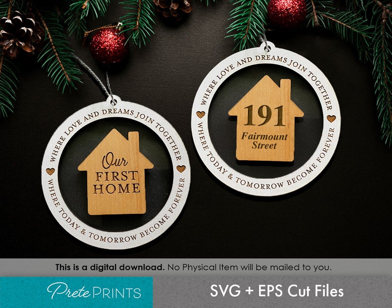 May include: Two circular ornaments featuring a white outer ring with the text WHERE LOVE AND DREAMS JOIN TOGETHER WHERE TODAY & TOMORROW BECOME FOREVER and small heart icons. Inside each ring is a wooden house shape with custom text.