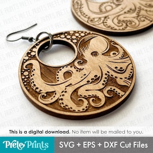 May include: Wooden octopus earrings with intricate laser-cut details. The earrings are circular with a central cutout and a detailed octopus design. The text "This is a digital download. No item will be mailed to you." is visible. The earrings are a light brown color.