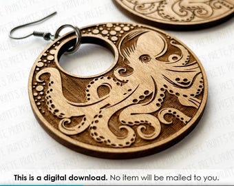 Octopus Hoop Earrings SVG - Digital Download, Kracken Laser Cut Earring SVG File, Nautical Sea Creature Jewelry Art