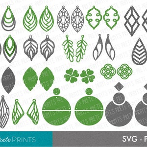 Może przedstawiać: Zestaw 20 plik&oacute;w cyfrowych SVG i PNG do pobrania, aby stworzyć kolczyki. Projekty obejmują kształty geometryczne, liście i inne wzory inspirowane naturą w kolorze zielonym i szarym.