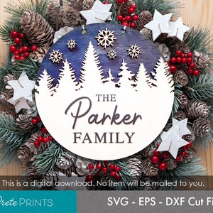 Family Name Winter Door Sign - Winter Trees, Personalized Laser Cut file, Laser Cut SVG, Glowforge Laser Cut files svg, Glowforge Christmas