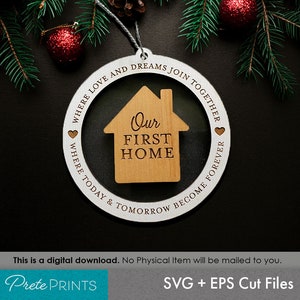 May include: A circular wooden ornament featuring a house-shaped cutout in the center with the text Our FIRST HOME. The outer ring is engraved with the text WHERE LOVE AND DREAMS JOIN TOGETHER and WHERE TODAY & TOMORROW BECOME FOREVER with two small hearts.