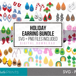 May include: A digital download of SVG and PNG files for holiday earring designs. The designs include a variety of themes, such as turkeys, candy canes, ghosts, shamrocks, and hearts. The text "Holiday Earring Bundle" is displayed in the center of the image.