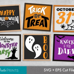 Könnte beinhalten: Satz von sechs quadratischen Halloween-Schildern mit verschiedenen Designs und Texten, darunter "Happy Halloween", "Trick or Treat", "October 31st", "Welcome to the Monster Party", "Boo" und "Knock if you Dare".