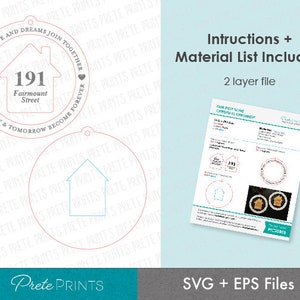 May include: A digital design file for a circular Christmas ornament featuring a house outline, the text 191 Fairmount Street, and the phrase Where love and dreams join together, where today and tomorrow become forever. Includes instructions and material list.