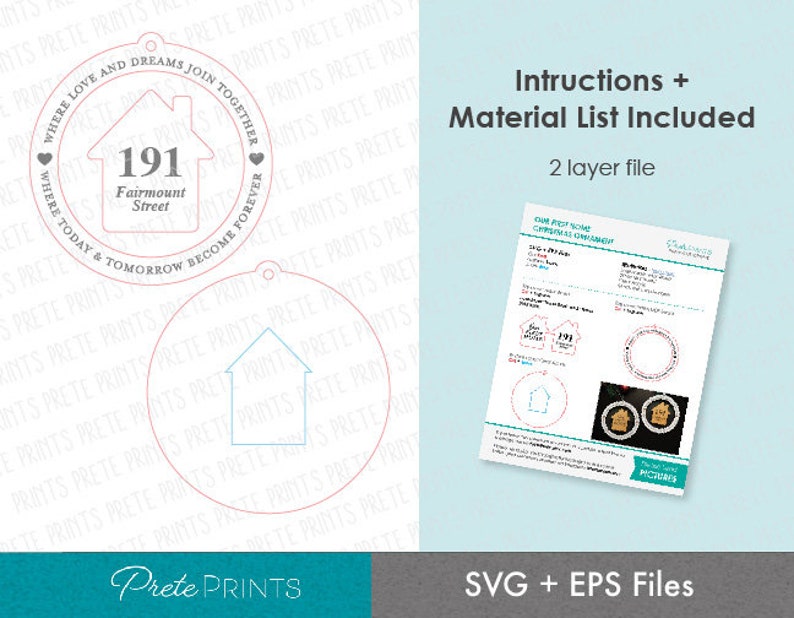 May include: A digital design file for a circular Christmas ornament featuring a house outline, the text 191 Fairmount Street, and the phrase Where love and dreams join together, where today and tomorrow become forever. Includes instructions and material list.