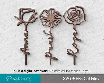 Flower Silhouette Cut File - Digital Download, Name flower svg, Laser cut Flower svg, Glowforge Rose SVG, Cricut Flower SVG, Mothers day svg