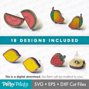 May include: Wooden fruit-shaped earrings, including watermelon, mango, lemon, and strawberry designs. The image includes the text "16 DESIGNS INCLUDED" and "This is a digital download. No item will be mailed to you."