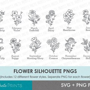 Puede incluir: Un conjunto de 12 ilustraciones de siluetas de flores en blanco y negro. Cada flor est&aacute; etiquetada con su nombre y el mes en que florece. Las flores incluyen campanilla de invierno, violeta, narciso, margarita, espino blanco, rosa, nen&uacute;far, amapola, gloria de la ma&ntilde;ana, cosmos, crisantemo y acebo.
