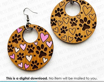 Dog Paw Print Heart Hoop Earrings SVG - Digital Download, Wood Laser Cut Earring File