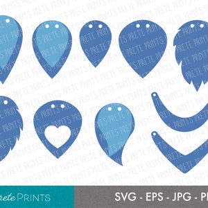 May include: A set of ten blue SVG cut files for crafting earrings. The designs include a teardrop, a heart, a feather, a crescent moon, and a V-shape.